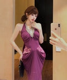 【2色】ロングドレス Vネック 谷間見せ マーメイド 女子力 キラキラ レース 肌見せ セクシー XH2-MXX5983