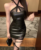 ミニドレス レザースカート セクシー レース 個性 chic ホルターネック 指名 ナイトクラブ XH2-ZED882427DXH437