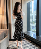 手作り 膝丈ドレス 水玉柄 オフショルダー フリル エレガント 気質 宴会 XH2‐JY50225