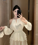 【ベージュ＆ブラック】ミニドレス キャバドレス エレガント 気質 フリル 大人可愛い XH2-DD5043