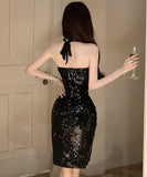 膝丈ドレス キラキラ ホルターネック セクシー party キャバクラ XH2-DD6419