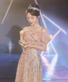 ロングドレス 誕生日パーティー キラキラ 人魚姫 リボン オフショルダー 演奏会 宴会 XH2-WS-P108