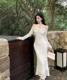 ロングドレス キャバドレス レース エレガント セレブ風 ホルターネック フラワー マーメイド XH2-DD7669