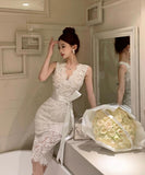 キャバドレス 膝丈ドレス レース Vネック 小顔効果 セクシー 気質 エレガント XH2-ZED888355DXH238A