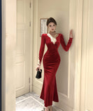 ロングドレス マーメイドドレス セクシー エレガント 袖付き 気質 着痩せ chic 女子力 XH2-ZED886339DXH348A