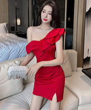 【3色】ミニドレス セクシー キャバドレス ワンショルダー フリル 着瘦せ XH2-LQE5962GT536