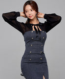 膝丈ドレス 秋新作 リボン スクエアネック エレガント セクシー 袖付き XH2-ZED889397C415