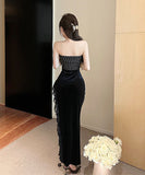 ロングドレス キャバドレス ベアトップ セクシー 宴会 ナイトクラブ エレガント キラキラ XH2-DD6916