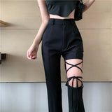 大人気 美脚 特別デザイン セクシー ワイドパンツ レディス パンツ ブラック MY2006