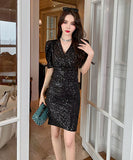 Vネック ミニドレス キラキラ セクシー 脚長効果 キャバドレス パーティー LT2-JY5799