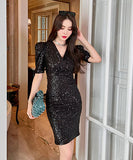 Vネック ミニドレス キラキラ セクシー 脚長効果 キャバドレス パーティー LT2-JY5799