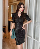 Vネック ミニドレス キラキラ セクシー 脚長効果 キャバドレス パーティー LT2-JY5799