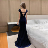 VスリットモップフロアスカートローカットロングベロアドレスZD2524-YM9063