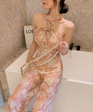 シフォン 花柄 オールインウン ワイドパンツ セックス ファッション LT2-JY3885