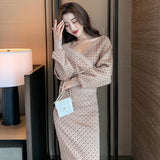 2点セット 5色 秋 同伴 アフター 二次会 Ⅴネック セクシー 防寒対策 長袖 ロングドレス MY2122