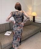 レトロフラワーズプリーツメッシュスリットベースドレスロングドレス XY2-9872