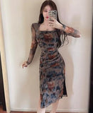 レトロフラワーズプリーツメッシュスリットベースドレスロングドレス XY2-9872