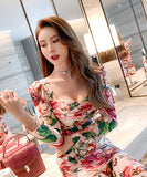 花柄 タイトドレス レトロ調 スクエアネック スリムドレス 高級感 プリーツ XH2-JY4195