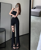 大人気 美脚 特別デザイン セクシー ワイドパンツ レディス パンツ ブラック MY2006