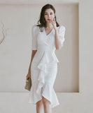 ロングドレス ひざ丈ドレス 新作 フリル 結婚式 宴会 MY2-ZED88459N14