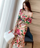 花柄 タイトドレス レトロ調 スクエアネック スリムドレス 高級感 プリーツ XH2-JY4195