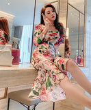 花柄 タイトドレス レトロ調 スクエアネック スリムドレス 高級感 プリーツ XH2-JY4195