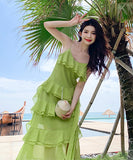 【２色】サンドレス 鮮やかな 仙女風 フリル 可愛い 海辺 XH2-QJ9645