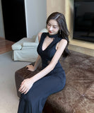 高級感 ブラック 谷間魅せ 肌見せ ロングドレス キャバドレス MY2018