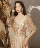 Vネック レース 刺繡 宴会 新年会 ピカピカ パーティードレス ロングドレス YN2074