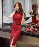 【２色】タイトドレス 通勤 ハイウエスト 着瘦せ 透かし彫り XH2-JY2426