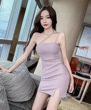 4色 新作 セクシー スロープ ショルダー ミニドレス キャバドレス スカート ZD2507-YM8507
