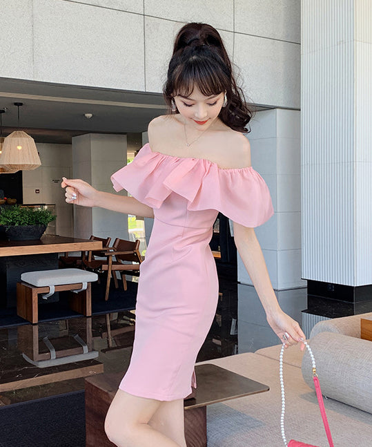 ミニドレス パーティードレス かわいい フリル オフショルダー 披露宴