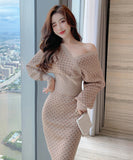 2点セット 5色 秋 同伴 アフター 二次会 Ⅴネック セクシー 防寒対策 長袖 ロングドレス MY2122