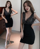 ピカピカ ディープⅤネック セクシー魅了 肌見せ キャバドレス ミニドレス MY2146