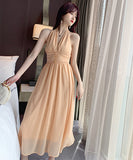 ホルターネック ドット柄 エレガント ロングドレス 着瘦せ 同伴 XH2-JY3967