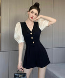 オールインワン 可愛い パフスリーブ 高級感 着瘦せ Ⅴネック XH2-ZED889471GT347