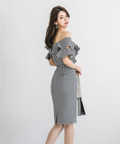 新作 チェック柄 フリル ノーショルダー セクシー ゴージャス 高見え パーティードレス ミニドレス LQE9091BM131