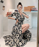 花柄 ロングドレス Ⅴネック ハイウエスト 谷間魅せ スリットXH2-ZED883392A71