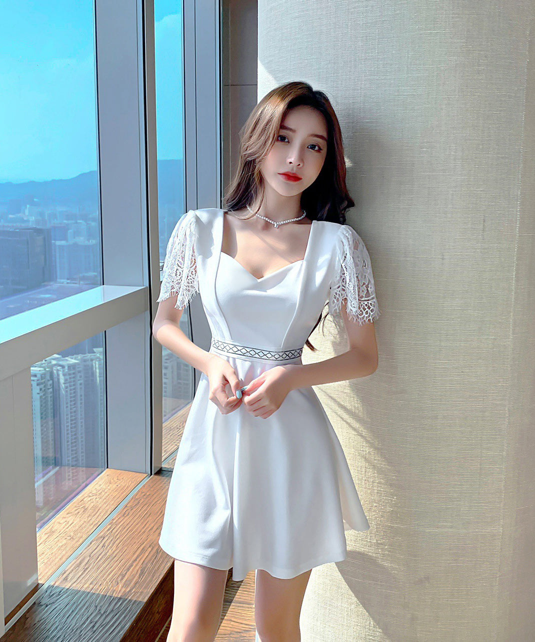 Little black dress 水玉柄 長袖 レース 大人かわいい 韓国