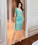 レース スクエアネック 宴会 ダイヤモンド 着瘦せ 高級感 XH2-JY20133