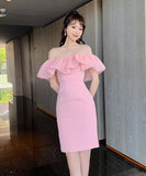 ミニドレス パーティードレス かわいい フリル オフショルダー 披露宴 結婚式 宴会 MY2-JY9343