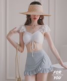 水着 体型カバー レディース  ビキニ スカート 2点セット レディース 水着 レース 無地 上下別柄 シンプル バックシャン かわ いい セクシー  XY-DP-A28863