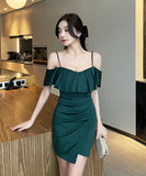 【4色】ミニドレスセクシーオフショルダーフリルキャバクラ大人可愛いXH2-YM8724