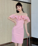 ミニドレス パーティードレス かわいい フリル オフショルダー 披露宴 結婚式 宴会 MY2-JY9343