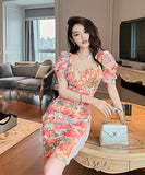 タイトミニドレス プリーツ 花柄 セクシー おしゃれ 宴会 XH2-JY10140