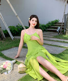 【２色】サンドレス 鮮やかな 仙女風 フリル 可愛い 海辺 XH2-QJ9645