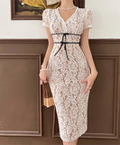 膝丈ドレス エレガント レース 高級感 Ⅴネック セクシー 華奢感 宴会 XH2-LQE5132H418