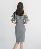 新作 チェック柄 フリル ノーショルダー セクシー ゴージャス 高見え パーティードレス ミニドレス LQE9091BM131