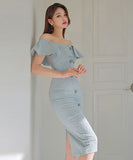 オフショルダー 膝丈ドレス エレガント 気質 同伴 おしゃれ セクシー XH2-ZED888012-1A71