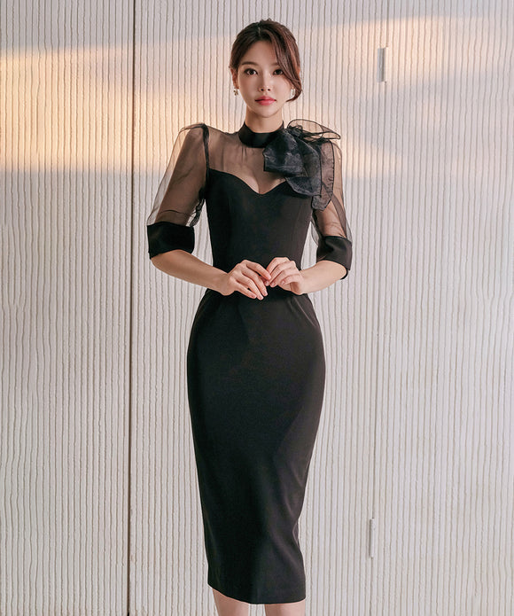 ひざ丈ドレス 新作 リボン ゴージャス 結婚式 通勤 MY2-ZED880838E